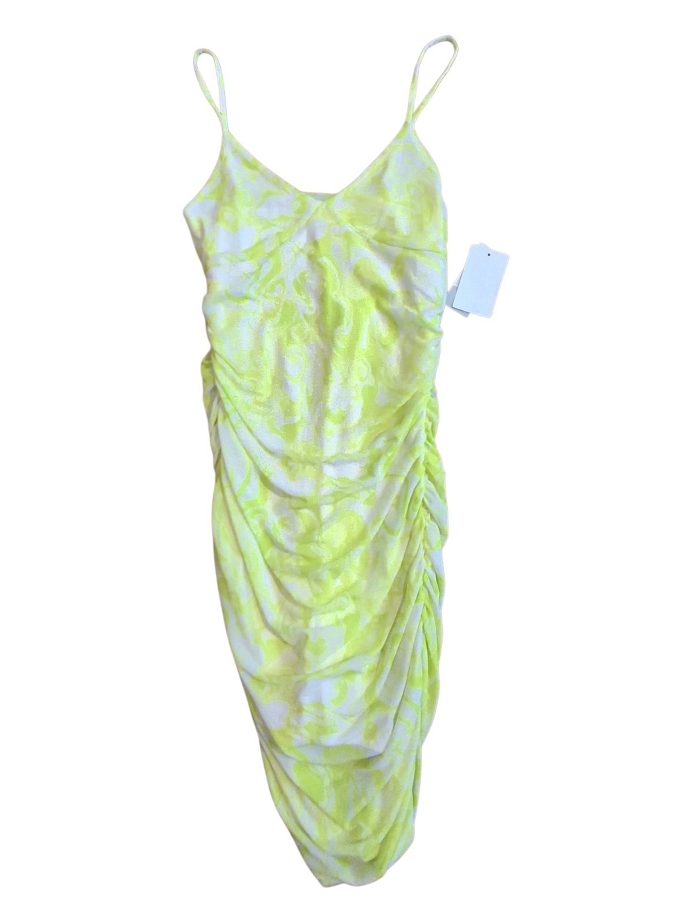 Nordstrom Neon Lime & White Spaghetti-Strap Y2K Old School Ruched Midi Dress